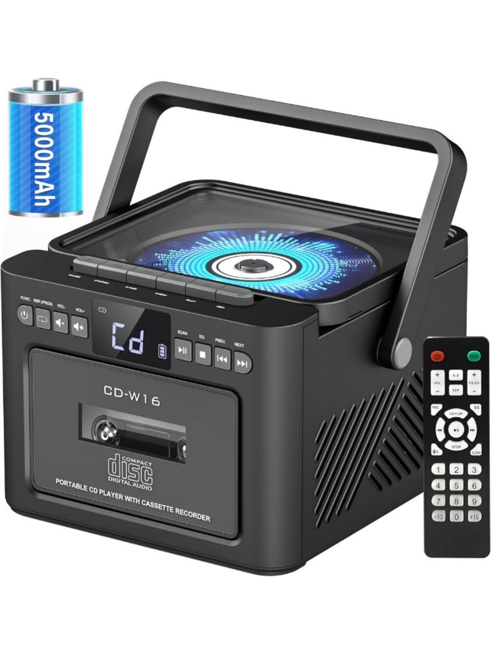 Portable Bluetooth Boombox with Cassette & CD Player, 5000mAh Battery